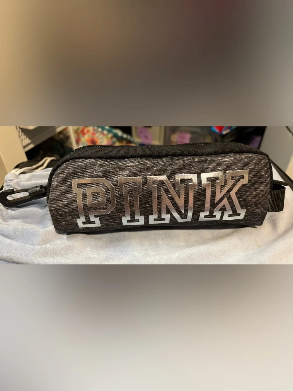 VS “Pink” Zipper Bag/ Pouch For Make Up Or Odds Black & Silver